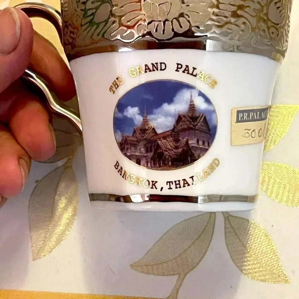 Vintage Bangkok Thailand hand painted cup and soccer white gold